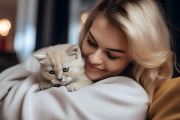 Portrait of blonde woman next to a cat puppy