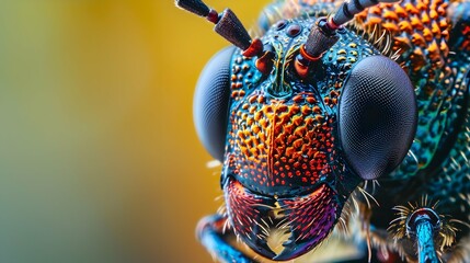 Wall Mural - Extreme close-up of a colorful insect, showcasing intricate details of its compound eyes, antennae, and textured exoskeleton