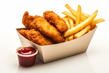 Wall Mural - Potato fries with crispy chicken tenders and ketchup served on a box	
