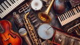 Fototapeta  - Assorted collage of musical instruments. Guitar keyboard Brass percussion studio music concept.