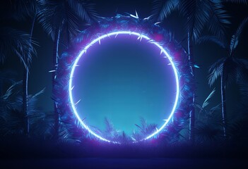 Wall Mural - the illustration of a neon circular frame surrounded by leaves, in the style of uhd image, dark sky-blue, animated gifs, enigmatic tropics, unreal engine.
