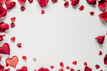 Valentines Day Background With Red Rose Petals On White Background. AI Generated