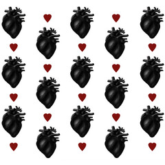 seamless pattern with red and black hearts on a white background