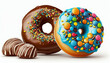 Donuts with chocolate and multicolored candies in the front, isolated on a white background