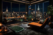 Rich home office interior at night, dark modern apartment in skyscraper with city view. Stylish luxury room design with green orange leather furniture. Concept of window, building