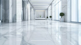 Fototapeta  - Interior of luxury lobby of office or hotel, clean shiny floor in commercial building hall after professional cleaning service, perspective view. Concept of modern marble tile, corporate