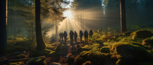 People Walk In Distance In Dark Woods At Sunrise, Banner With Group Of Hikers In Pine Forest. Landscape With Men, Sunlight And Trees. Concept Of Hiking, Journey, Nature, Adventure