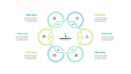 Outline hexagon diagram divided into 6 sectors. Design concept of six steps or parts of business cycle. Infographic design template