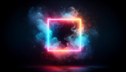 neon glowing square, mist , smoke, on a darck background, generative ai