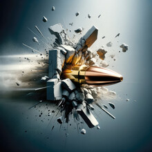 A High-speed Photography Scene Capturing The Exact Moment A Bullet Impacts A Concrete Wall. The Bullet Is In Sharp