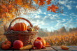 Thanksgiving basket with pumpkins and various vegetables against the backdrop of mountains and forest. Thanksgiving giving concept