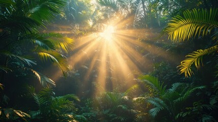 Wall Mural - Beautiful magical palm, fabulous trees. Palm Forest jungle landscape, sun rays illuminate the leaves and branches of trees