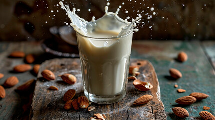Almond milk in a glass. Selective focus.