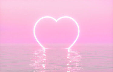 Leinwandbilder - Natural beauty podium backdrop for product display with heart neon light background. Romantic 3d seascape scene.