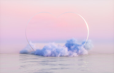 Leinwandbilder - Natural beauty podium backdrop for product display with dreamy cloud and heart frame. Romantic 3d seascape scene.