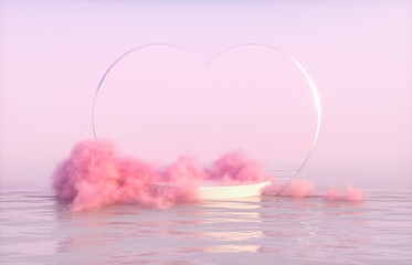 Aufkleber - Natural beauty podium backdrop for product display with dreamy cloud and heart frame. Romantic 3d seascape scene.