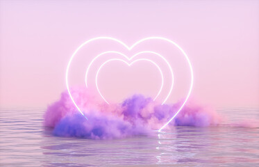 Leinwandbilder - Natural beauty podium backdrop for product display with heart neon light background. Romantic 3d seascape scene.