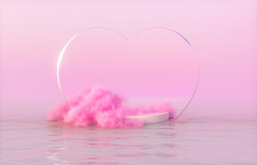 Leinwandbilder - Natural beauty podium backdrop for product display with dreamy cloud and heart frame. Romantic 3d seascape scene.