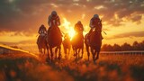 Fototapeta  - horse in sunset. Traditional European sport. Horse jockeys racing down the track during sunset cinematic