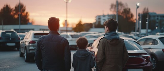 Father and son admire cars in parking lot together, passion evident.