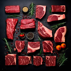 Wall Mural - A set of juicy raw steaks and meats with spices and herbs. On a dark background. Flat lay