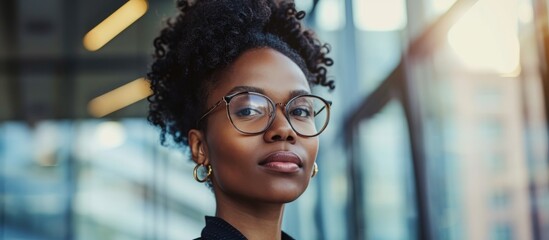 Canvas Print - A black woman with leadership qualities and a business mindset, working in an office building, has ambitions and vision for the future. She is currently in a new job, where she is thinking and