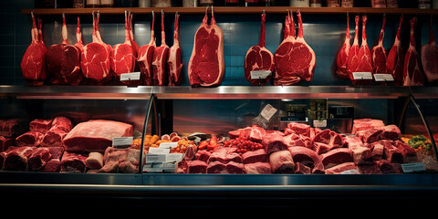 Wall Mural - Butcher shop window. The freshest meat. Delicious fresh steaks