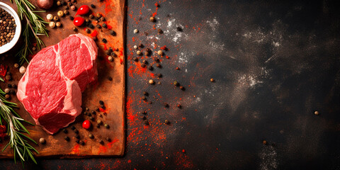 Wall Mural - Raw steak on the grill on a dark background. Piece of meat with salt, pepper and herbs