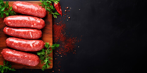 Wall Mural - Freshly prepared sausages for frying in skins with herbs on a board. Raw homemade sausages.