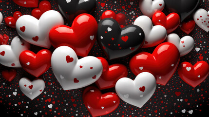 Wall Mural - 3D red white and black hearts on dark background as wallaper illustration	