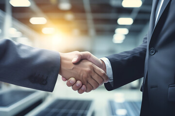 Wall Mural - businessmen handshake on battery pack factory background