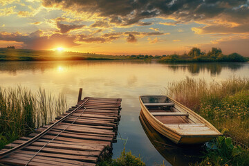 Beautiful lake landscape with row boat and old wooden lake bridge with beautiful sky and cloud background, place for rest and relax, calm water with fresh environment.