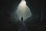 Fototapeta  - A man walking through a dark valley toward the heavenly light trusting in God  Illustration