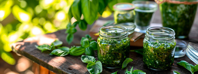 Basil pesto sauce in a jar. Selective focus.