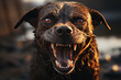 angry aggressive dirty wild dog growls at the viewer, evil look and dangerous fangs, unfriendliness.​