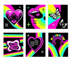 Poster - Y2K psychedelic acid rainbow poster. Modern art templates with words I love you. Valentines day retro emo posters in 2000s style.Vector illustration