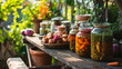 Various vegetables preserved in a jars. Selective focus.