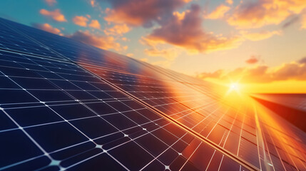 photovoltaic solar panels on sunset sky background, green clean energy concept background.