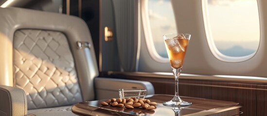 Canvas Print - Business class interior of a passenger plane with an armchair, window, table, and a cocktail glass holding a drink and almonds. Glass emphasized.