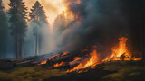 Fototapeta Las - Illustration of a forest fire disaster, with trees ablaze at night. Destruction of nature due to a wildfire, showcasing the environmental damage caused by global warming. Earth destructon. No planet B