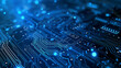 Electronic circuit board close-up computer chip, blue cyber circuit future technology concept background