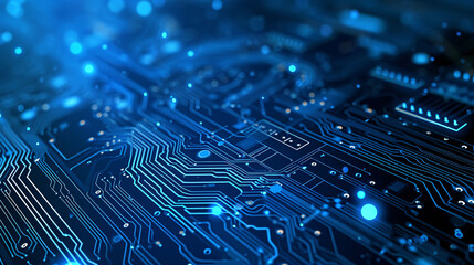 Electronic circuit board close-up computer chip, blue cyber circuit future technology concept background