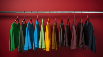 Wall Mural - A range of vibrant sweatshirts hanging neatly in a row on a metal rod against a striking red background, showcasing a variety of colors.