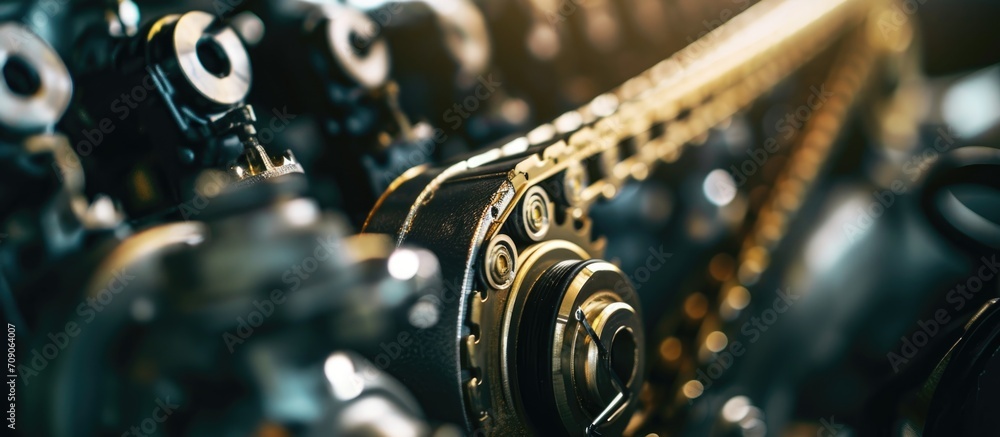 Blurry close-up photo of a diesel engine's new timing chain in a car ...