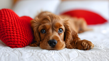 Wall Mural - Cocker Spaniel puppy is lying on a red heart-shape pillow on the white bed 