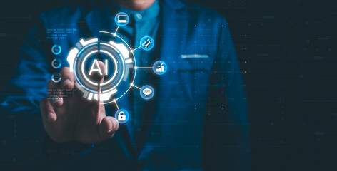 Wall Mural - man using hand ai, artificial intelligence to generate content. text to image, speech, smart ai, by 