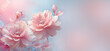 romantic floral background with pink rose flowers and cop space in pink and blue tonality