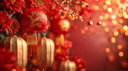 Wall Mural - Chinatown lantern hanging at small street, 3d rendering illustration background for happy chinese new year 2024 the dragon zodiac sign with red and gold color, flower, lantern, and asian elements.