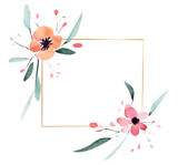 Fototapeta Kwiaty - Złota wiosenna namalowana ramka kwiatowa ilustracja