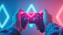 Hands Holding Retro Joystick In Blue-pink Neon Gradient Light With Triangle. Old Gaming. 80s Retro Wave. Minimalism   